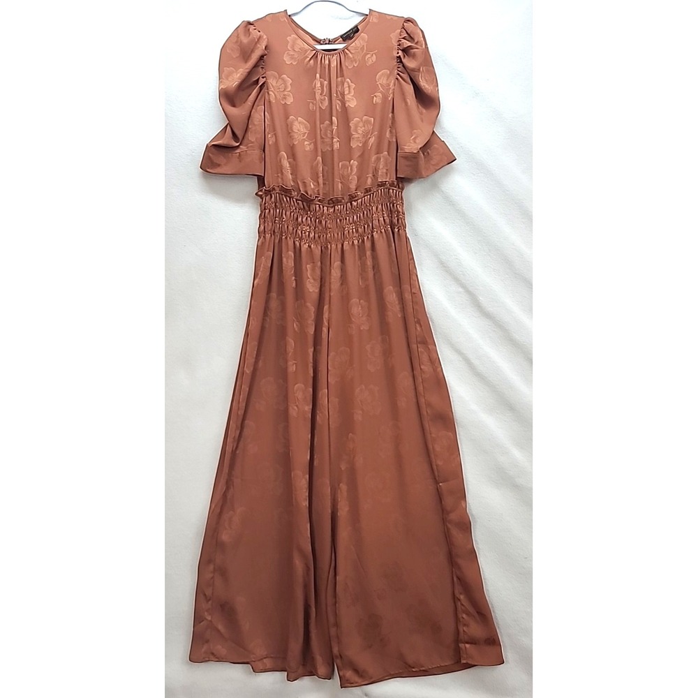 Current Air for Anthropologie Floral Wide Leg Short‎ Sleeve Jumpsuit Sz M Copper